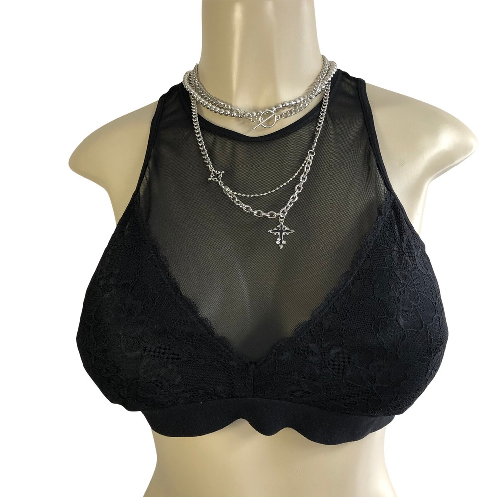 Nicole Miller Black Lace Sheer Mesh High Neck Bralette Crop Top Size L Festival